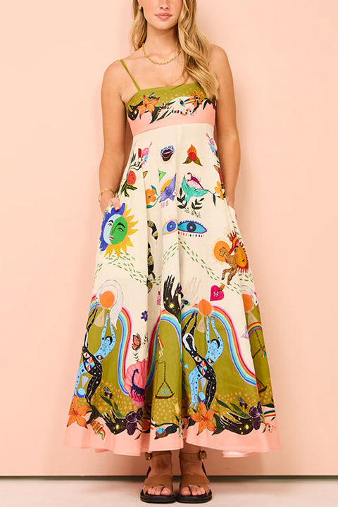 Camilladress Spaghetti Strap High Waist Unique Print Maxi Swing Dress