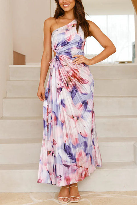 Camilladress One Shoulder Sleeveless Cut Out Floral Print Pleated Maxi Dress