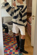 Camilladress Lantern Sleeves Button Down Color Block Stripes Sweater with Scarf