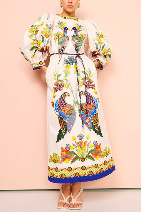 Camilladress 3/4 Puff Sleeves Back Slit Birdie Printed Maxi Dress