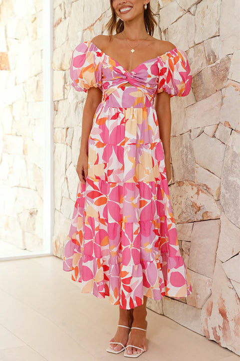 Camilladress Twist Knot Cut Out Puffle Sleeves Printed Ruffle Maxi Dress