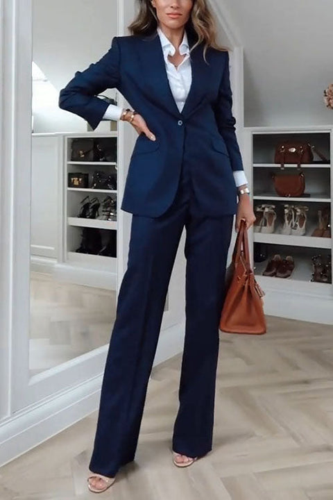 Wear to Work Single Button Blazer Straight Leg Pants Suit Set