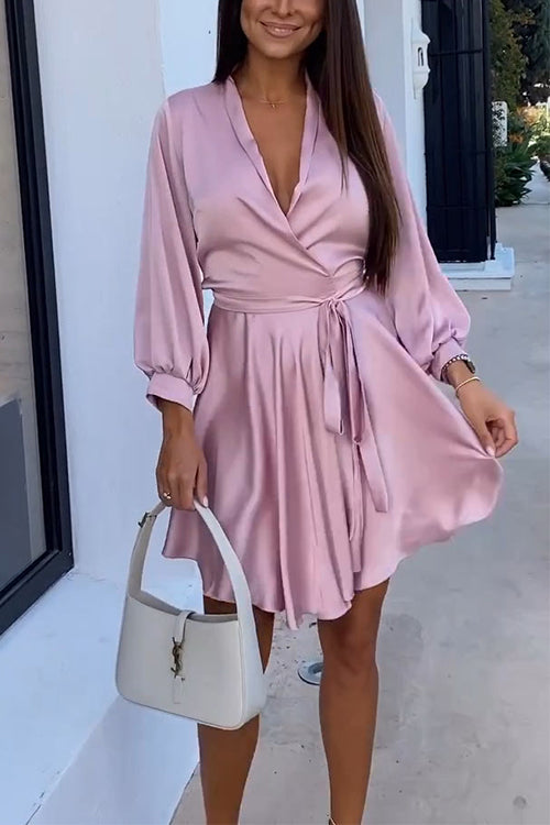 Camilladress V Neck Long Sleeves Tie Waist Satin Wrap Dress