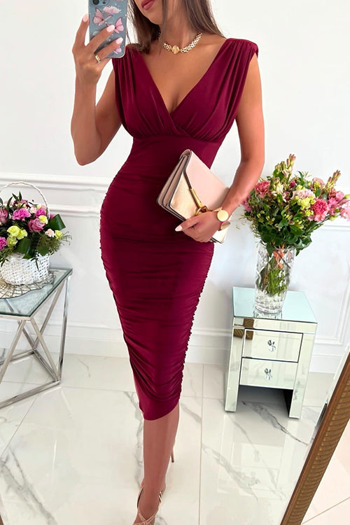 Camilladress Deep V Neck High Waist Knee Length Sheath Dress with Belt