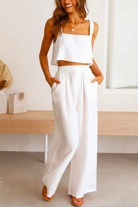 Camilladress Square Collar Cami Crop Top Wide Leg Pants Cotton Linen Set