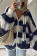 Camilladress Lantern Sleeves Button Down Color Block Stripes Sweater with Scarf