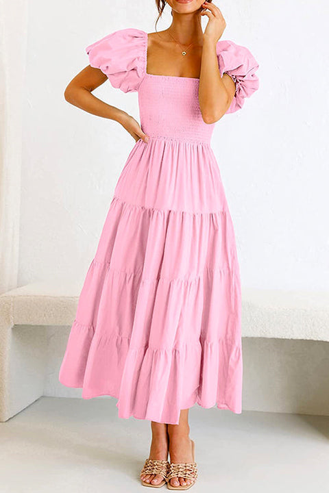 Camilladress Square Collar Puff Sleeve Smocked Ruffle Tiered Dress