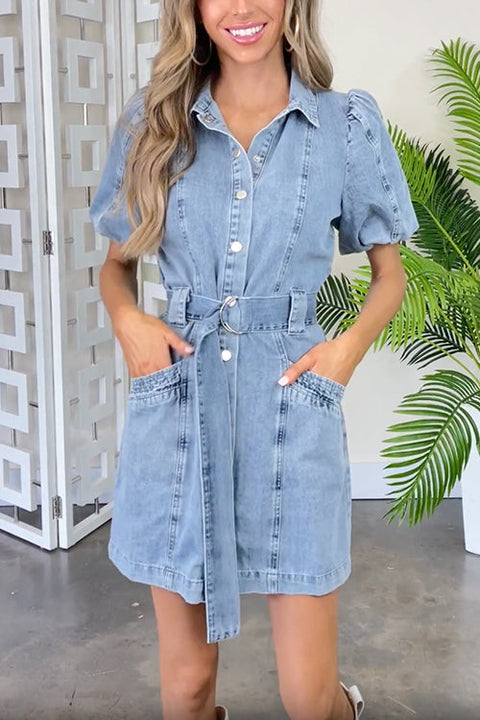 Camilladress Lantern Sleeves Belted A-line Denim Shirt Dress