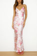 V Neck Open Back Floral Print Satin Maxi Cami Dress