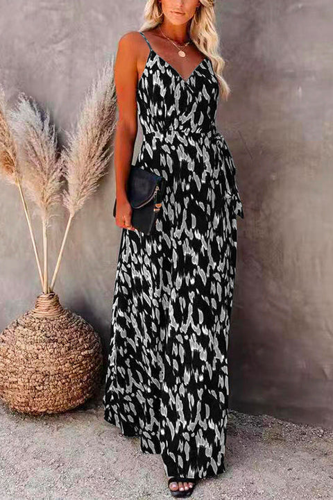 Camilladress Wrap V Neck Tie Waist Printed Flowy Maxi Cami Dress