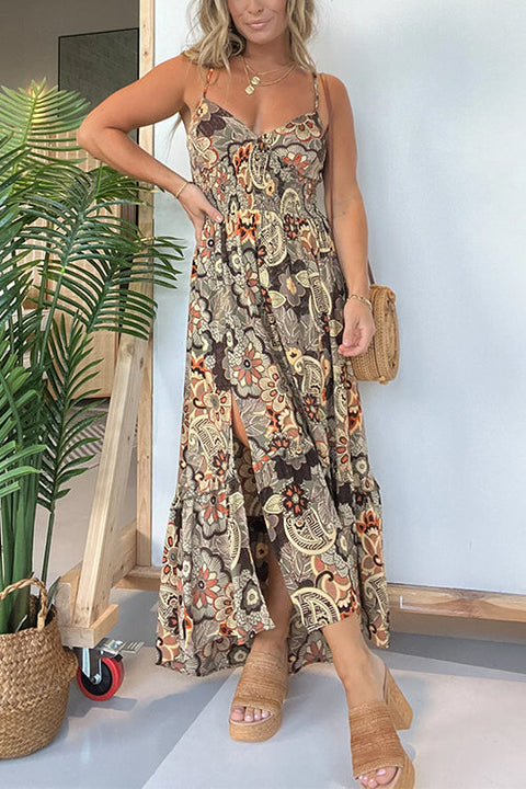 Camilladress V Neck Back Lace-up Slit Floral Print Maxi Cami Dress