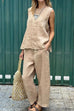 Camilladress Casual Sleeveless Pullover Top Wide Leg Pants Cotton Linen Set