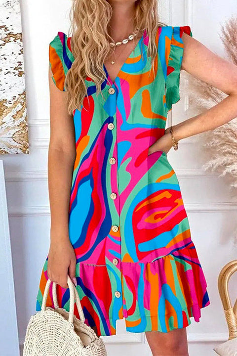 Camilladress V Neck Button Up Printed Ruffle A-line Dress