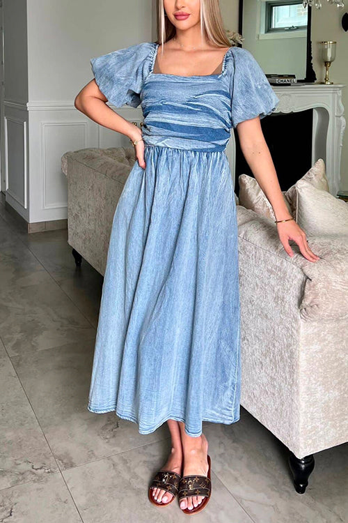 Camilladress Puff Sleeves Smocked Empire Waist Denim Swing Dress