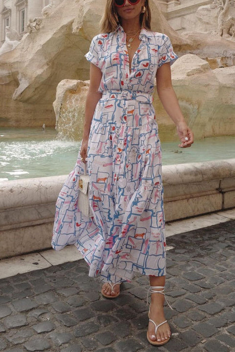 Short Sleeves Button Up Abstract Print Ruffle Maxi Shirt Dress