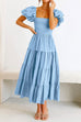 Camilladress Square Collar Puff Sleeve Smocked Ruffle Tiered Dress