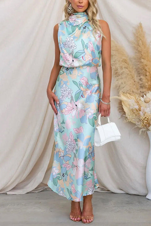 Camilladress Irregular Tie Neck Waisted Floral Printed Maxi Satin Dress