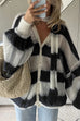 Camilladress Lantern Sleeves Button Down Color Block Stripes Sweater with Scarf