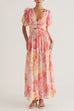 V Neck Puff Sleeves Ruched Waist Printed Maxi Dress