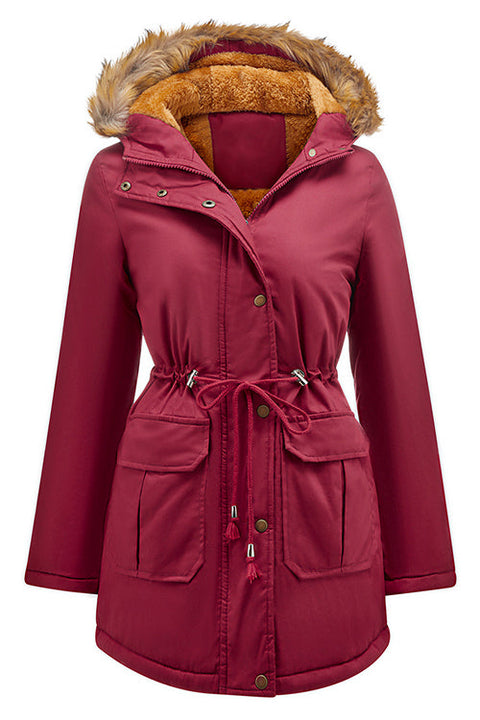 Camilladress Zip Up Drawstring Waist Fleece Lined Hoodied Parka Coat