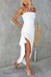 Elegant Strapless Ruched Slit Maxi Dress