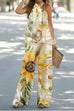 Camilladress Criss Cross Halter Sleeveless Top Wide Leg Pants Printed Vacation Set