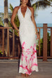 Camilladress Halter V Neck Backless Ruched Flower Print Maxi Dress