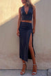 Camilladress Deep V Neck Sleeveless Crop Top Drawstring Side Split Skirt Set