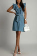 Camilladress V Neck Button Up Tie Waist Ruffle Trim Denim Dress