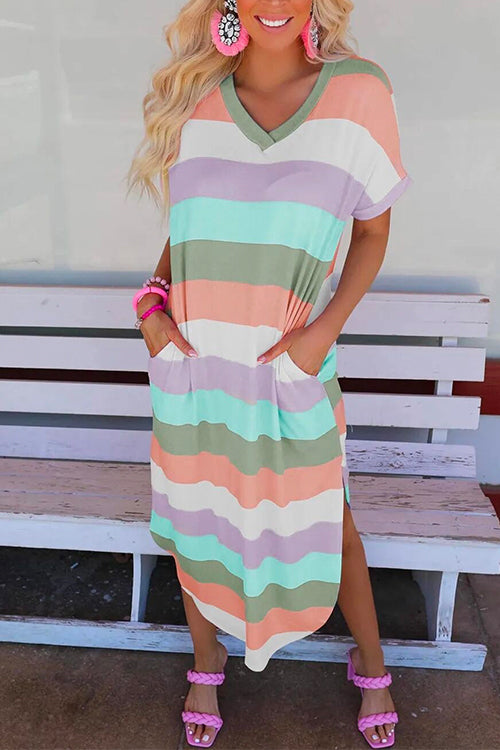 Camilladress Curve Hem Side Split Rainbow Stripes Midi Dress