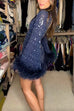 Camilladress Stand Collar Feather Trim Sequin Mini Party Dress