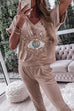 Camilladress Sequin Pattern V Neck Short Sleeve Top with Pocketed Pants Casual Set