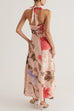 V Neck Halter Back Lace-up Floral Print Maxi Dress