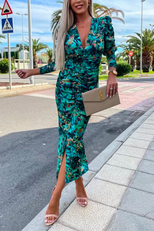 Camilladress Deep V Neck Long Sleeve Ruched Slit Printed Bodycon Dress