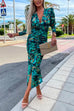 Camilladress Deep V Neck Long Sleeve Ruched Slit Printed Bodycon Dress