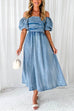 Camilladress Puff Sleeves Smocked Empire Waist Denim Swing Dress