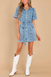 Camilladress Lantern Sleeves Belted A-line Denim Shirt Dress