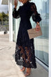 Camilladress Mockneck Puff Sleeves Lace Hollow Out Mid Dress