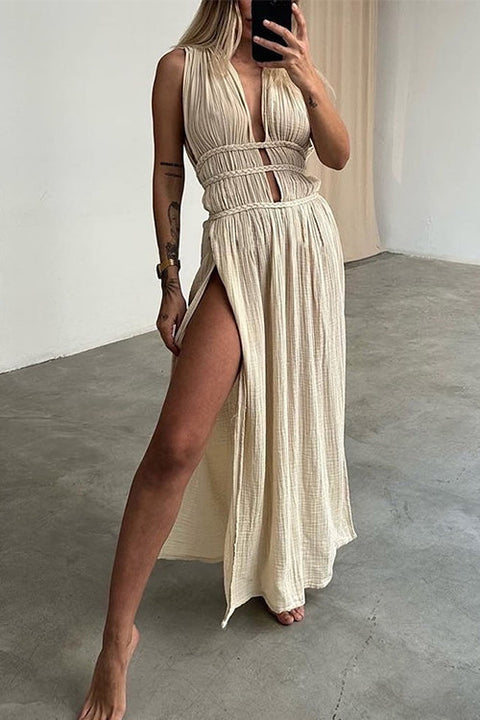 Camilladress Deep V Neck Cut Out High Slit Cotton Linen Maxi Beach Dress