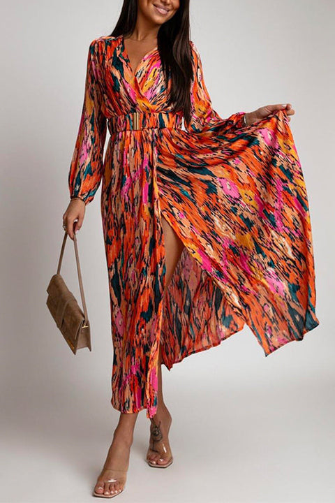 Camilladress V Neck Long Sleeve Belted Printed Maxi Wrapped Dress