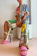 Camilladress Rolled Up Short Sleeves Shirt Wide Leg Pants Graffiti Printed Set