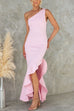 One Shoulder Irregular Ruffle Hem Bodycon Maxi Dress