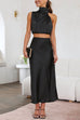 Camilladress Turtleneck Sleeveless Crop Top High Waist Maxi Skirt Satin Set