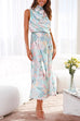 Camilladress Irregular Tie Neck Waisted Floral Printed Maxi Satin Dress