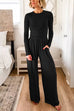 Long Sleeves Slim Fit Top Elastic Waist Wide Leg Pants Loungewear Set