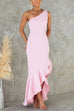 One Shoulder Irregular Ruffle Hem Bodycon Maxi Dress