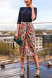 Ruched Front Slit Floral Print Midi Skirt