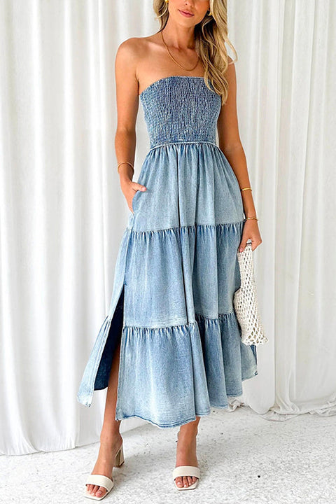 Camilladress Strapless Tube Side Slit Ruffle Tiered Denim Dress