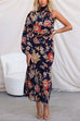 One Shoulder Cut Out Navy Based Floral Print Maxi Dress