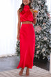 Camilladress Turtleneck Sleeveless Crop Top High Waist Maxi Skirt Satin Set